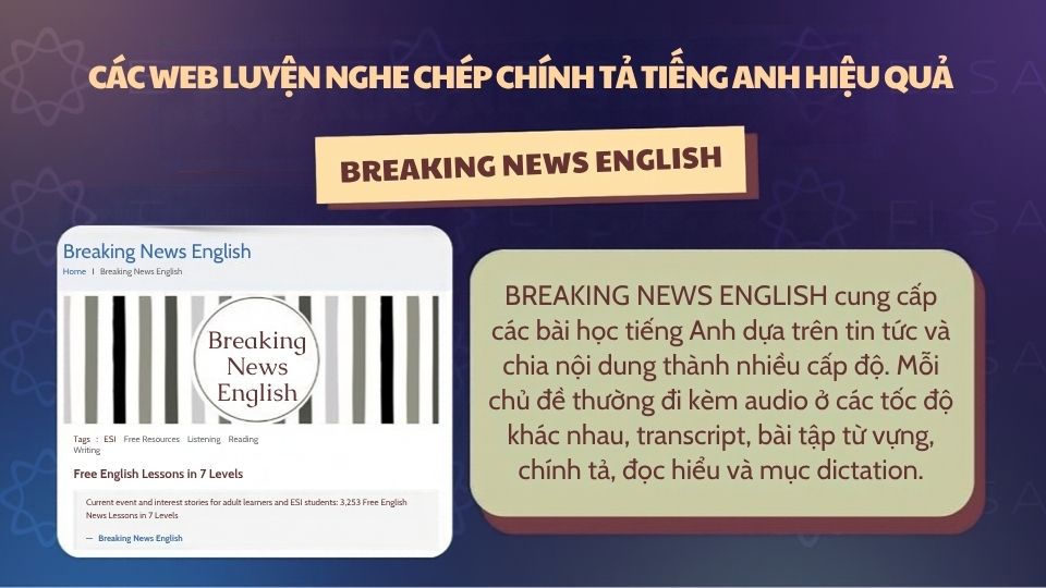 Giao diện Breaking News English luyện nghe chép chính tả qua tin tức