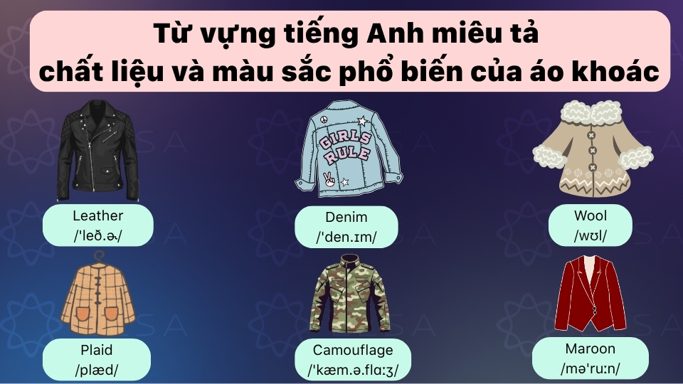Từ vựng tiếng Anh miêu tả chất liệu và màu sắc của áo khoác Từ vựng tiếng Anh miêu tả chất liệu và màu sắc của áo khoác