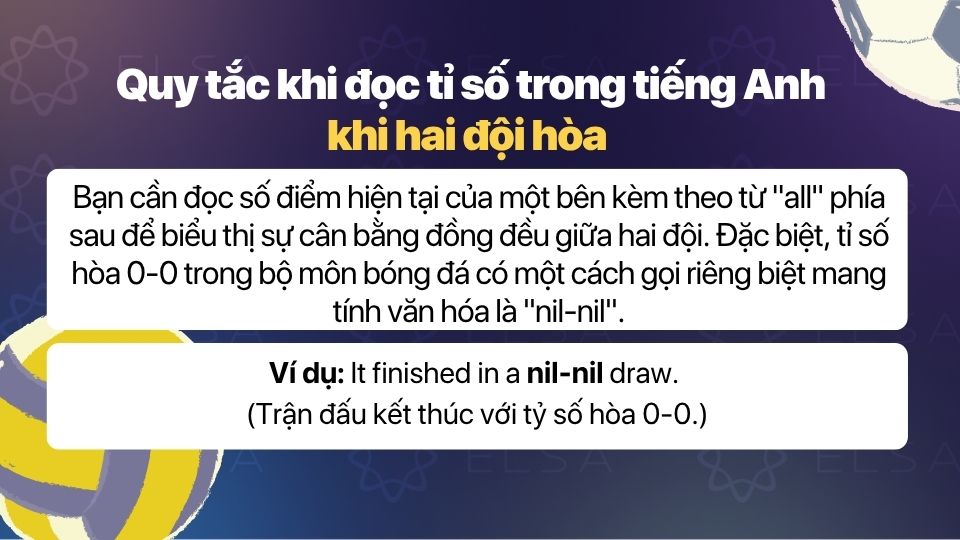 Quy tắc chung khi đọc tỉ số khi có đội hoà trong tiếng Anh Quy tắc chung khi đọc tỉ số khi có đội hoà trong tiếng Anh