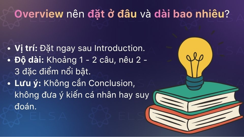Overview nên đặt sau mở bài, dài 1 - 2 câu, nêu ý chính, không cần kết luận Overview nên đặt sau mở bài, dài 1 - 2 câu, nêu ý chính, không cần kết luận