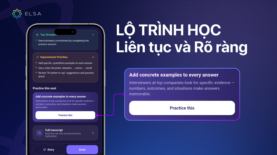Interview Coach đưa ra đề xuất cụ thể lộ trình học tiếng Anh liên tục và có mục tiêu rõ ràng Interview Coach đưa ra đề xuất cụ thể lộ trình học tiếng Anh liên tục và có mục tiêu rõ ràng