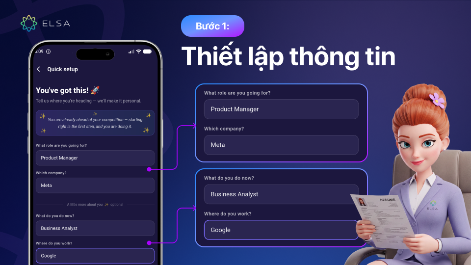 Thiết lập vị trí và công ty mục tiêu để khởi tạo buổi mock interview siêu thực Thiết lập vị trí và công ty mục tiêu để khởi tạo buổi mock interview siêu thực