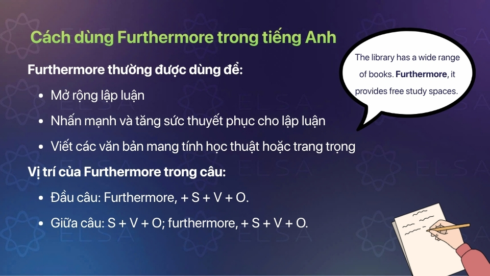 Futhermore có thể đứng đầu câu hoặc giữa câu để mở rộng lập luận, nhấn mạnh, tăng sức thuyết phục