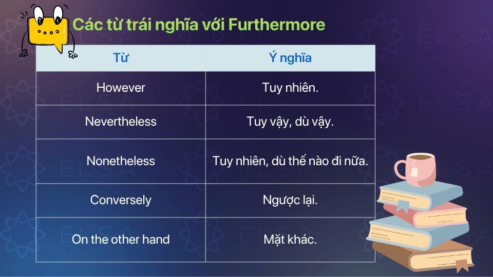 Một số từ vựng trái nghĩa với futhermore