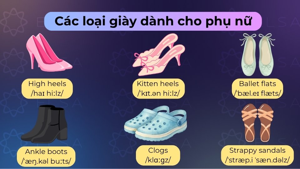 Các loại giày nữ phổ biến gồm giày cao gót, búp bê, giày đế xuồng và nhiều loại bốt khác Các loại giày nữ phổ biến gồm giày cao gót, búp bê, giày đế xuồng và nhiều loại bốt khác