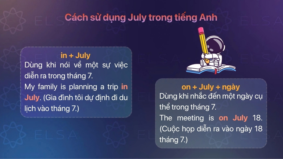 July thường đi với giới từ on và in để diễn tả một ngày cụ thể hoặc sự việc diễn ra trong tháng 7 July thường đi với giới từ on và in để diễn tả một ngày cụ thể hoặc sự việc diễn ra trong tháng 7
