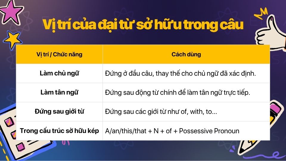 Đại từ sở hữu có thể giữ vai trò làm chủ ngữ, tân ngữ hoặc đứng trong cấu trúc sở hữu kép
