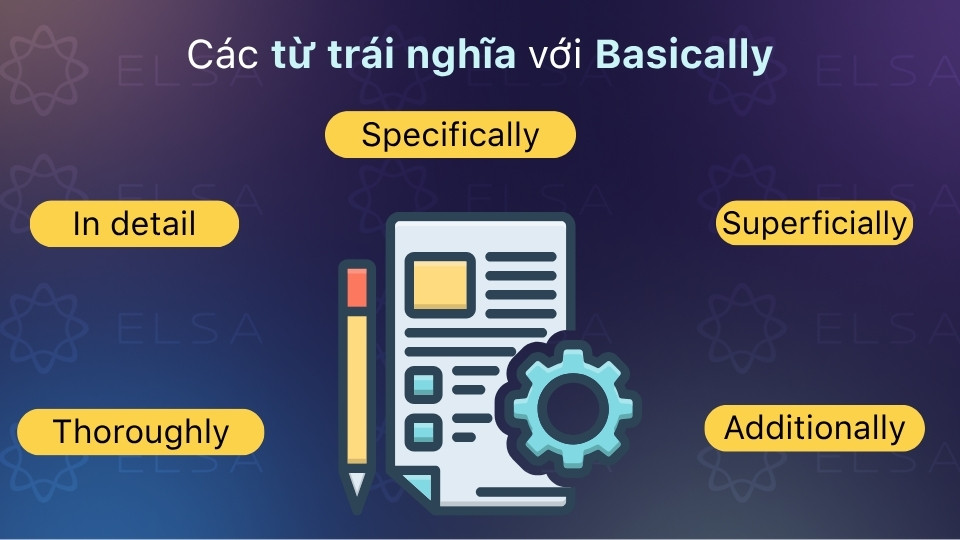 Từ trái nghĩa với basically gồm: specifically, in detail, thoroughly
