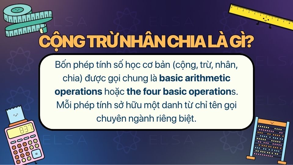 Bốn phép toán cơ bản trong tiếng Anh gồm Addition, Subtraction, Multiplication và Division Bốn phép toán cơ bản trong tiếng Anh gồm Addition, Subtraction, Multiplication và Division