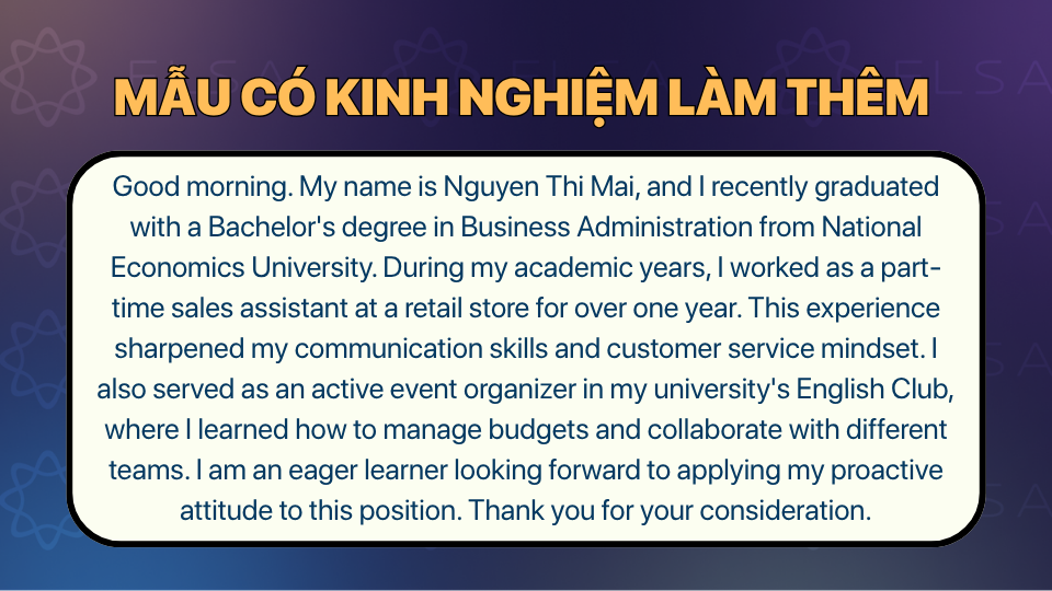 Mẫu có kinh nghiệm làm thêm hoặc hoạt động ngoại khóa Mẫu có kinh nghiệm làm thêm hoặc hoạt động ngoại khóa