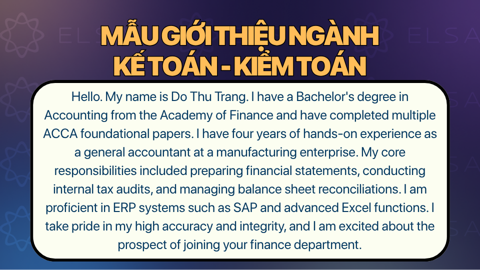 Mẫu giới thiệu bản thân bằng tiếng Anh theo Ngành Kế toán - Kiểm toán Mẫu giới thiệu bản thân bằng tiếng Anh theo Ngành Kế toán - Kiểm toán