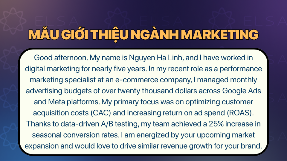 Mẫu giới thiệu bản thân bằng tiếng Anh theo Ngành Marketing Mẫu giới thiệu bản thân bằng tiếng Anh theo Ngành Marketing