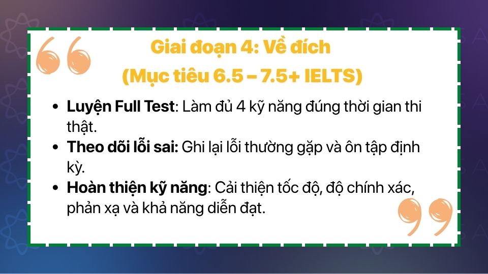 Giai đoạn 4: Về đích (Mục tiêu 6.5 – 7.5+ IELTS) Giai đoạn 4: Về đích (Mục tiêu 6.5 – 7.5+ IELTS)