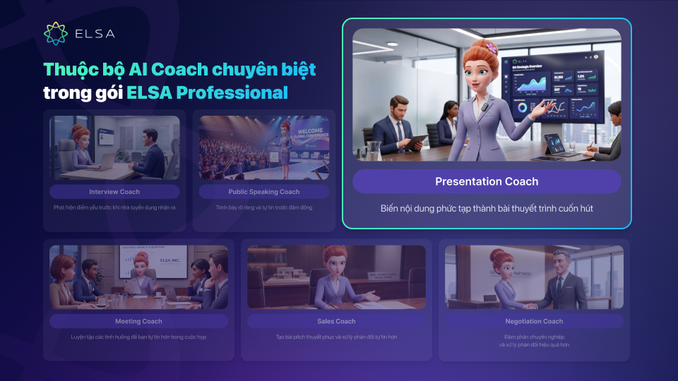Presentation Coach là gia sư thuyết trình bằng AI chuyên sâu thuộc gói ELSA Professional Presentation Coach là gia sư thuyết trình bằng AI chuyên sâu thuộc gói ELSA Professional
