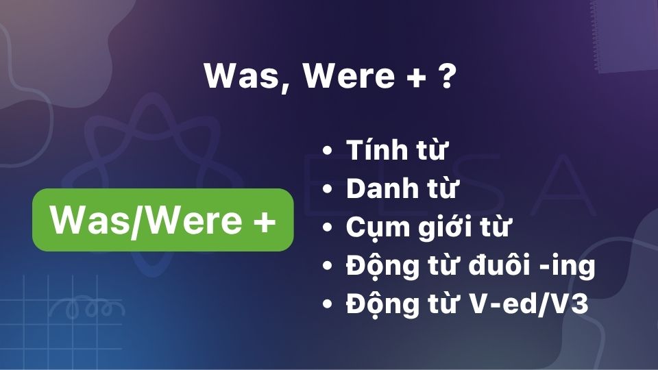 Sau was, were thường là tính từ, danh từ, cụm giới từ, động từ đuôi -ing hoặc động từ V-ed/V3 Sau was, were thường là tính từ, danh từ, cụm giới từ, động từ đuôi -ing hoặc động từ V-ed/V3