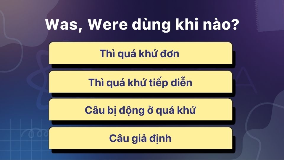 Was, were dùng ở thì quá khứ đơn, thì quá khứ tiếp diễn, câu bị động ở quá khứ và câu giả định Was, were dùng ở thì quá khứ đơn, thì quá khứ tiếp diễn, câu bị động ở quá khứ và câu giả định