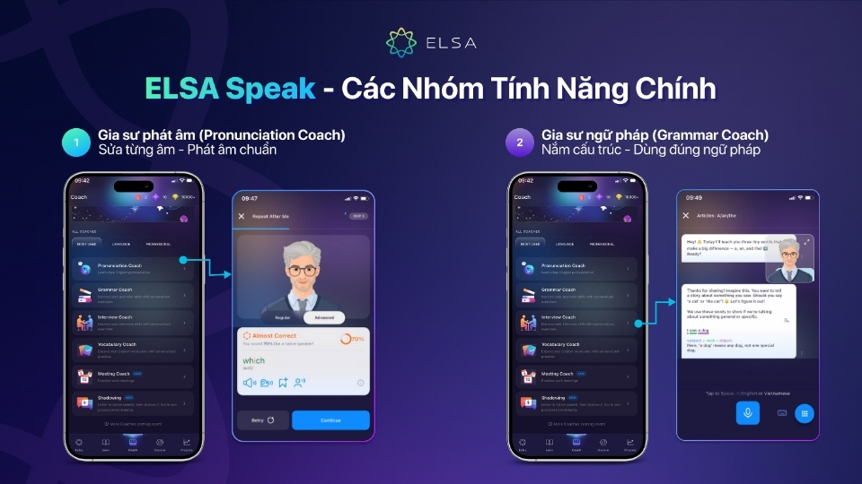 Pronunciation Coach và Grammar Coach là hai tính năng giúp xây dựng nền tảng phát âm và ngữ pháp Pronunciation Coach và Grammar Coach là hai tính năng giúp xây dựng nền tảng phát âm và ngữ pháp