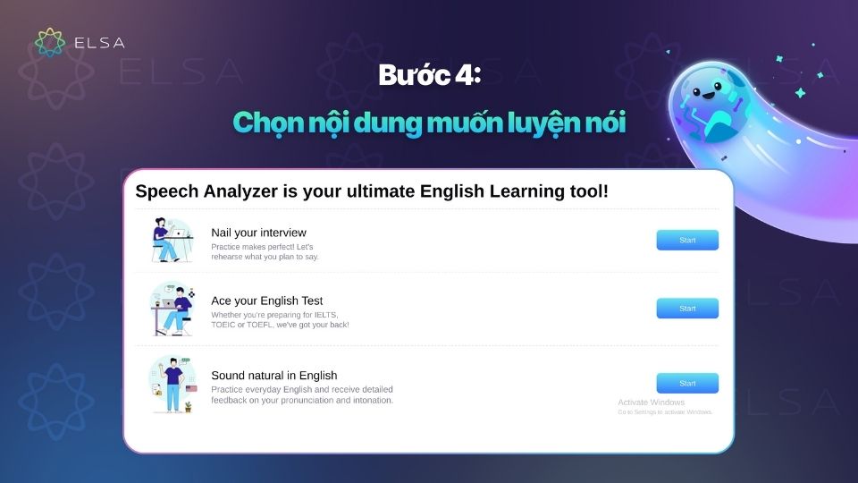 Bước 4: Chọn nội dung bạn muốn luyện nói, chẳng hạn như thuyết trình, phỏng vấn,.... Bước 4: Chọn nội dung bạn muốn luyện nói, chẳng hạn như thuyết trình, phỏng vấn,....